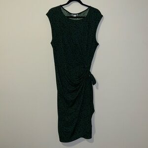 Green/black print, faux wrap dress, side ruched